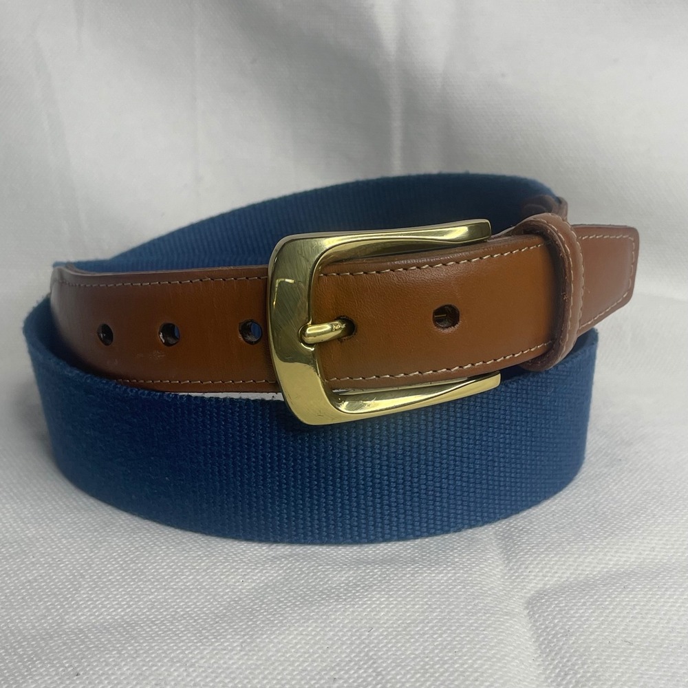 Torino Canvas & Leather Golf Belt Mens Size 34 Navy Blue Tan Brass Buckle USA